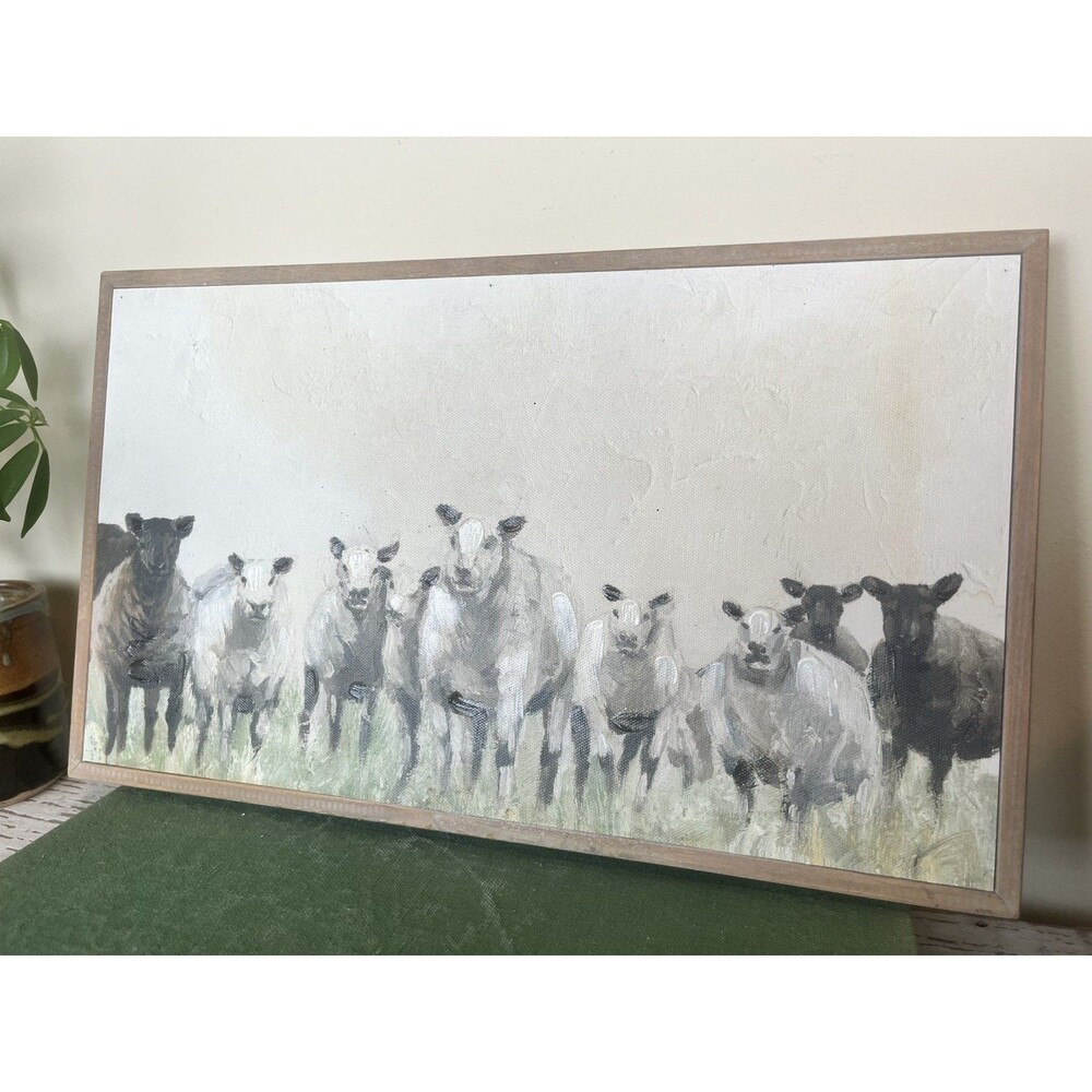 Farmhouse Herd Of Sheep In A Meadow (2 Sided) Framed Painting 14” x 8” / Country - Picture 4 of 7